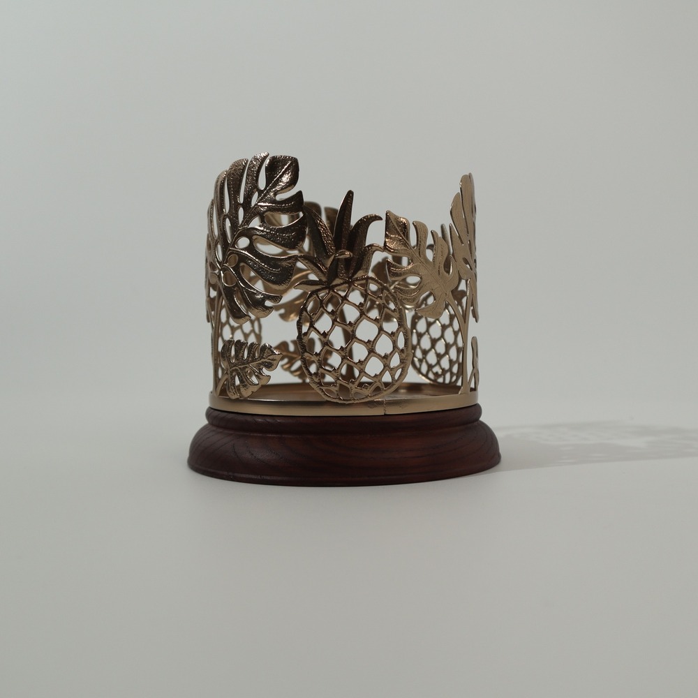 Bath Body Works Gold Pineapple Leaf Candle Holder Pedestal Wood Base
